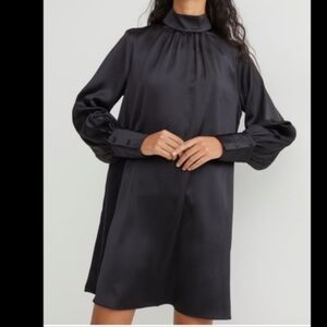 H&M Black Satin High-Neck Long-Sleeve Shift Dress